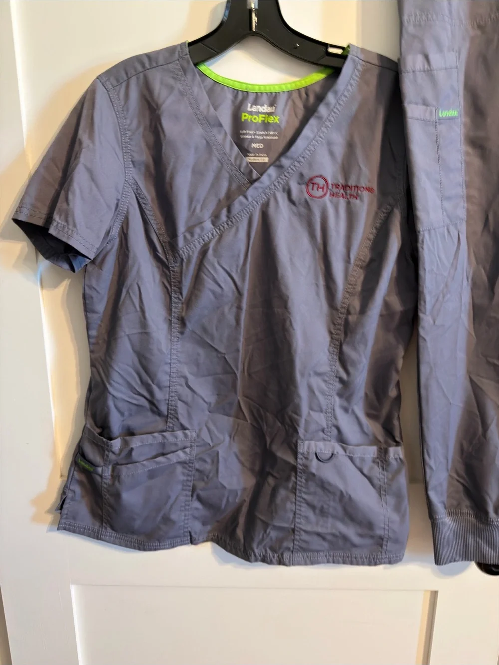 Landau Women's Gray Scrub Top & Jogger Pants with Green Trim